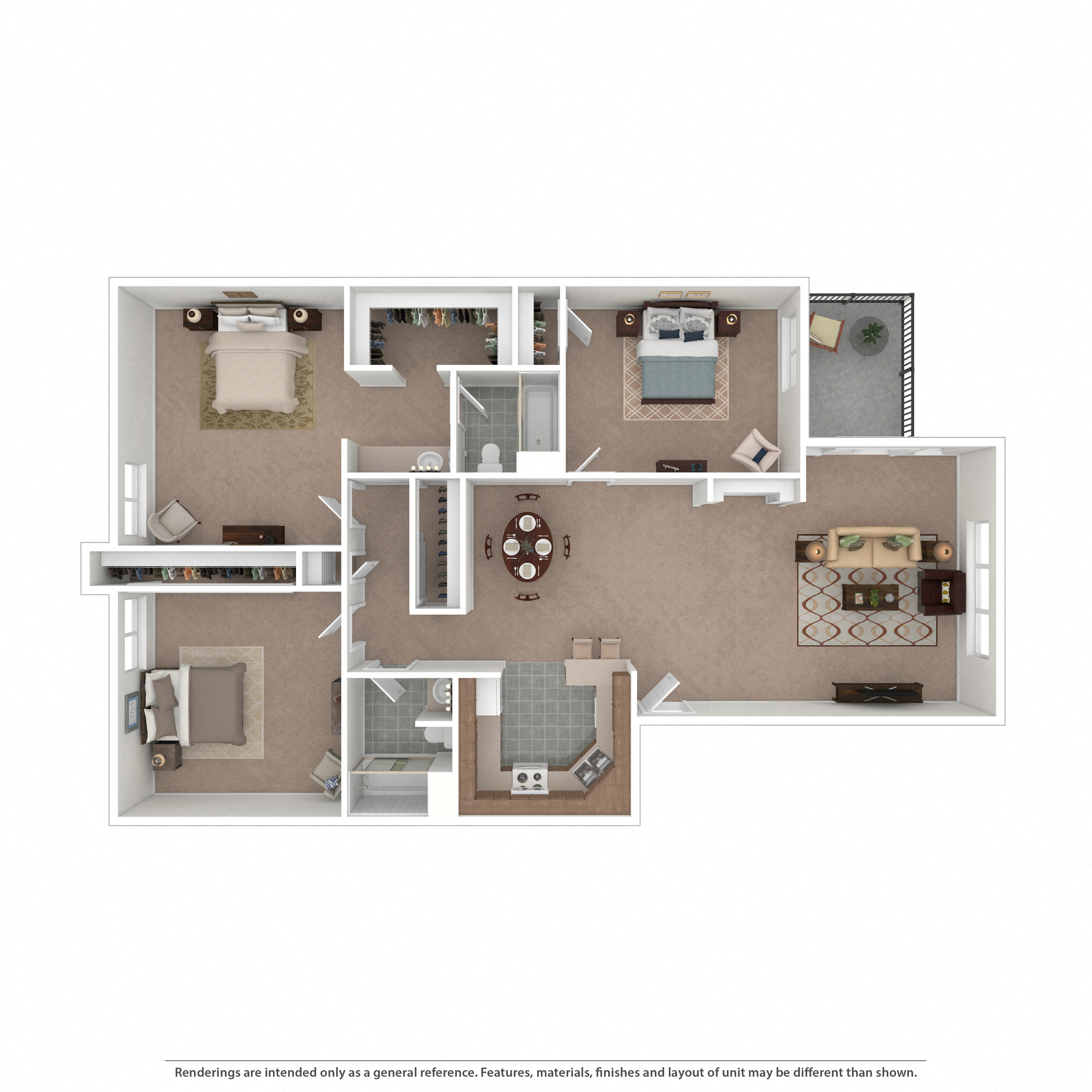 Floor plan for 3 beds, 2 baths, 1130 sqft