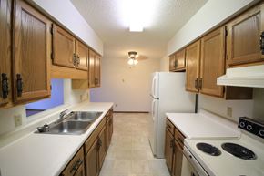 Buffalo apartment for rent - a kitchen with white appliances and wooden cabinets