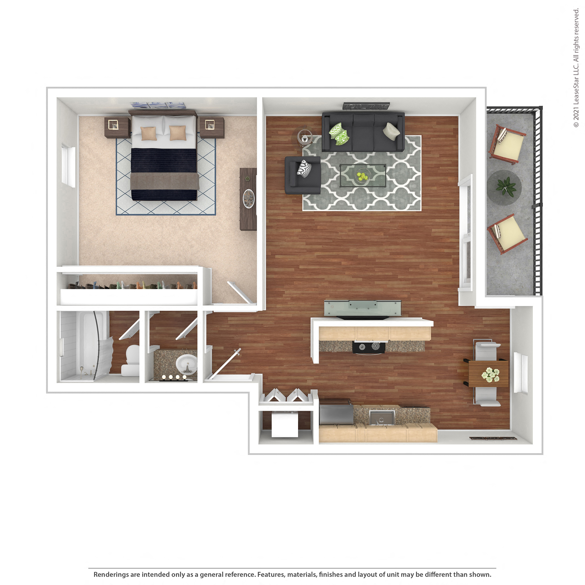Floor plan for 1 bed, 1 bath, 715 sqft