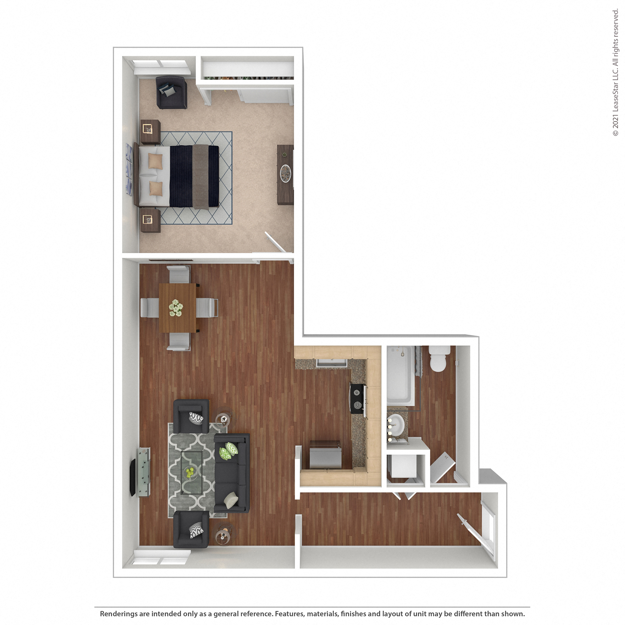 Floor plan for 1 bed, 1 bath, 500 sqft