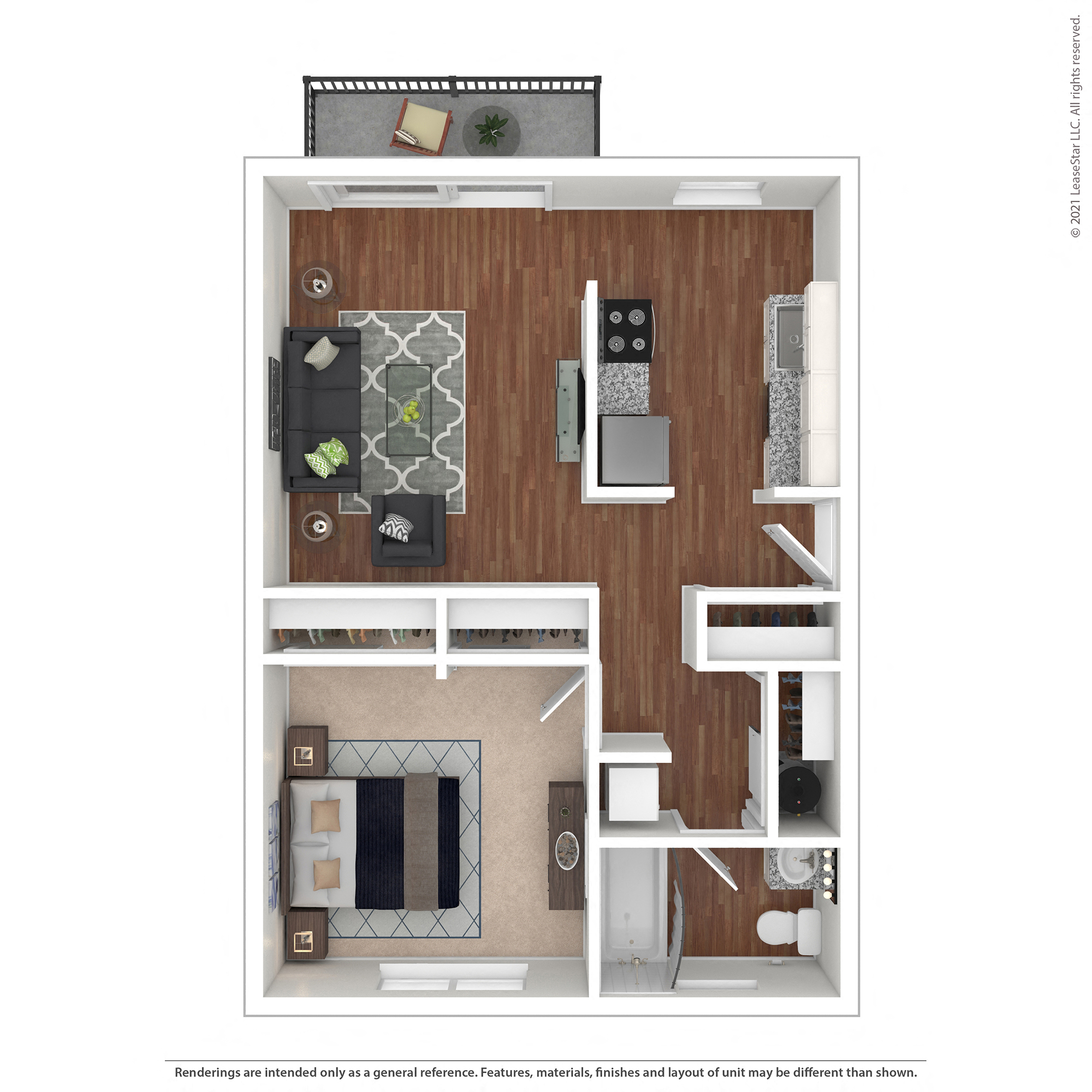 Floor plan for 1 bed, 1 bath, 683 sqft