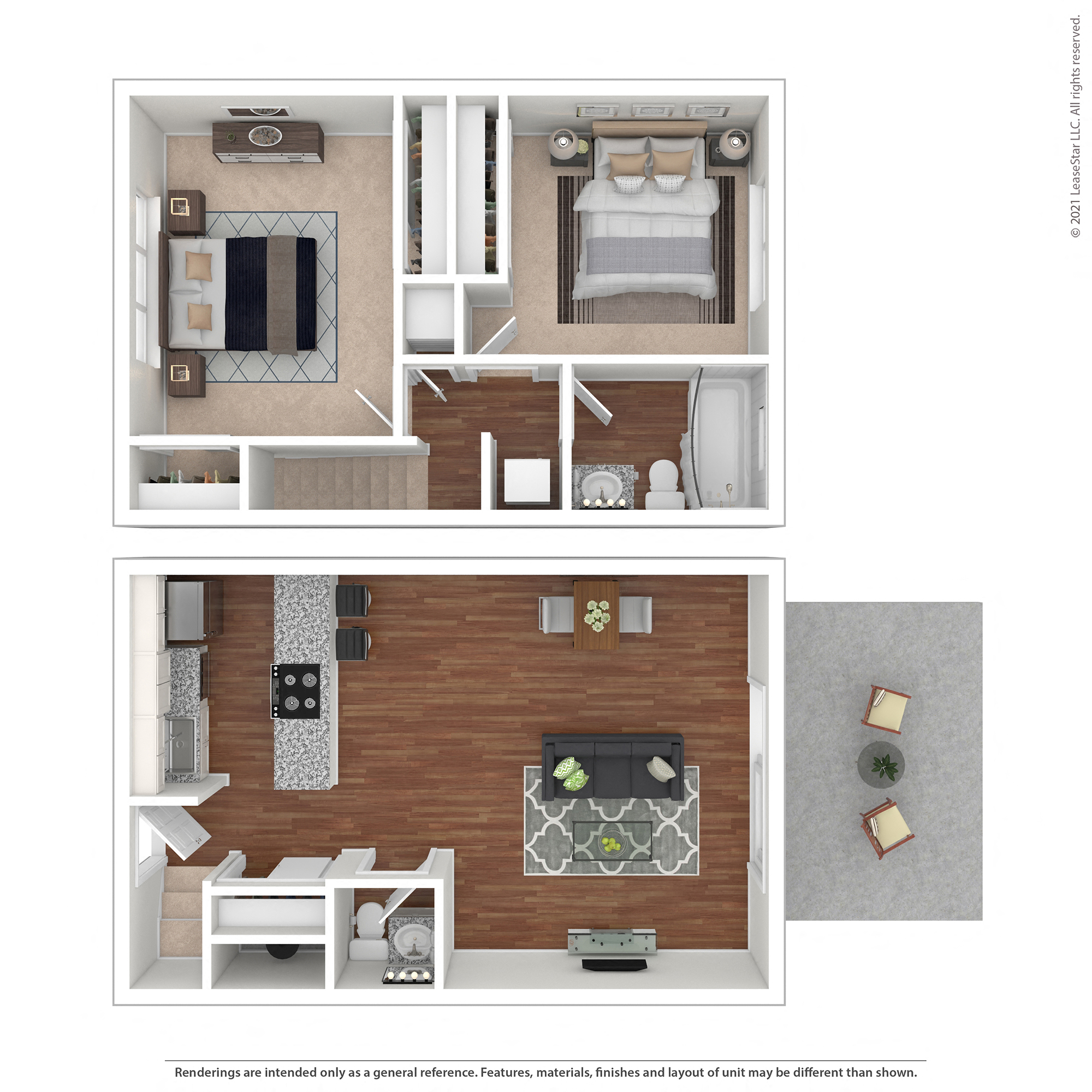 Floor plan for 2 beds, 1.5 baths, 976 sqft
