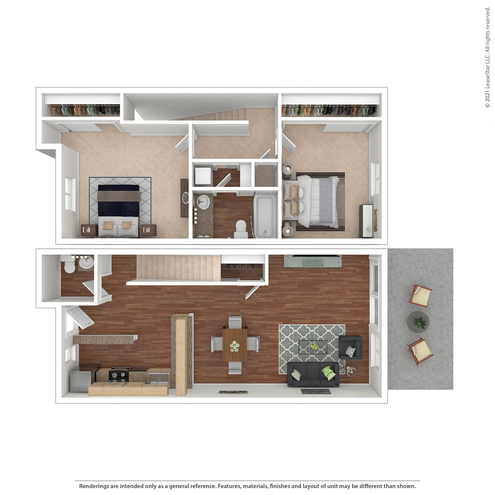 Floor plan for 2 beds, 1.5 baths, 1097 sqft