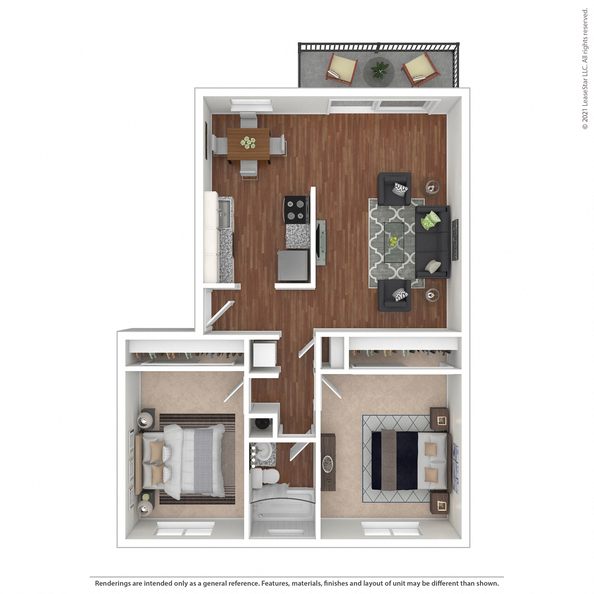Floor plan for 2 beds, 1 bath, 809 sqft