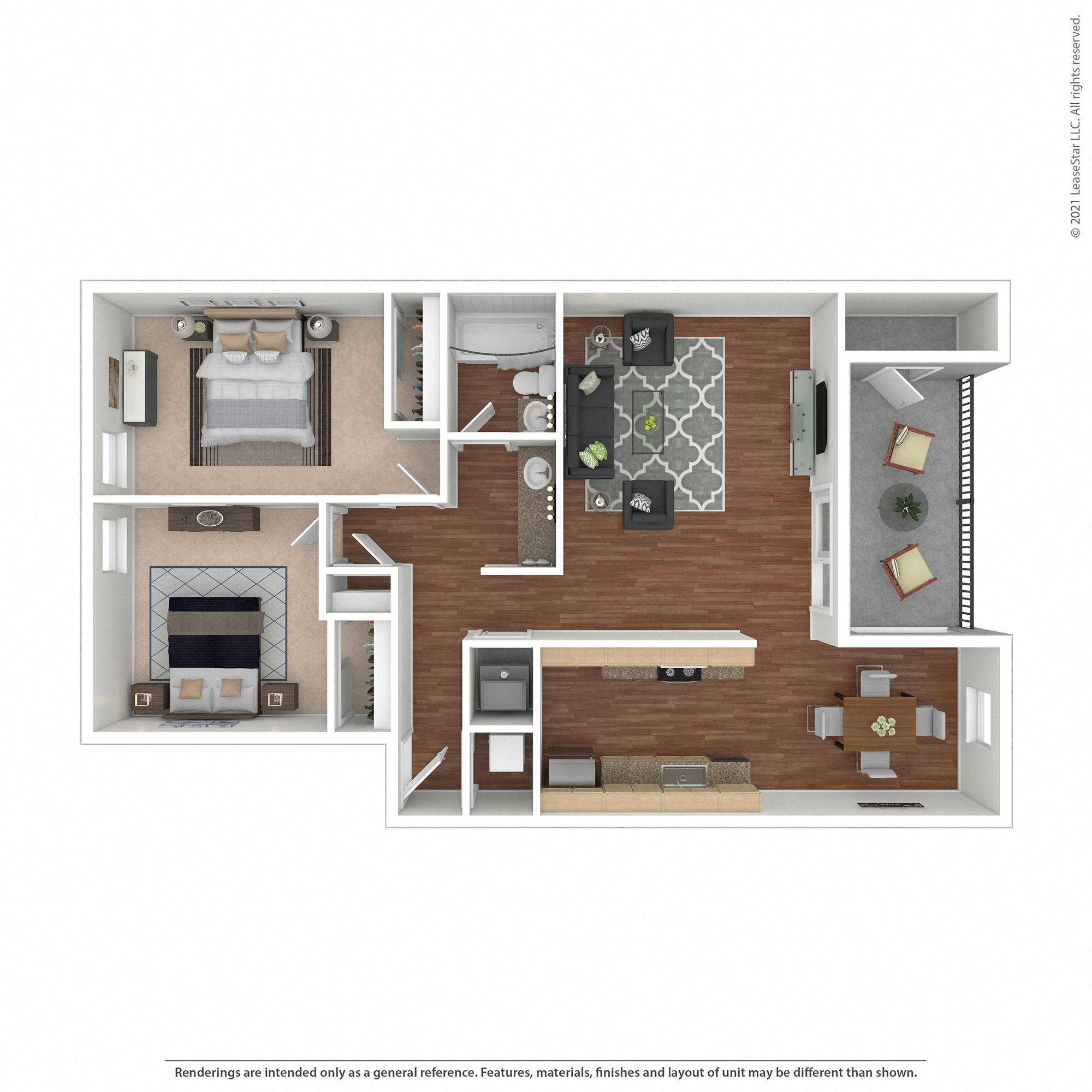 Floor plan for 2 beds, 1 bath, 923 sqft