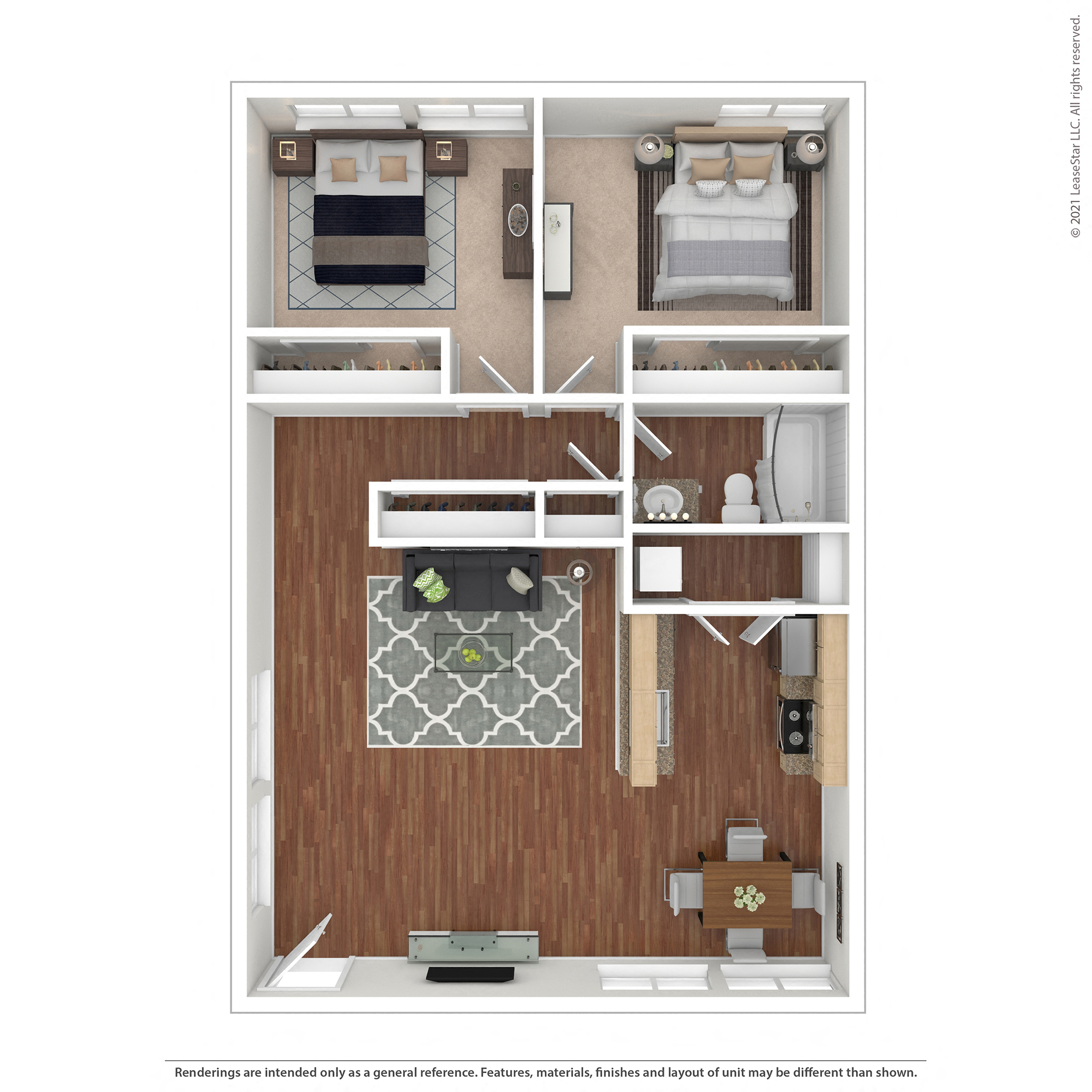 Floor plan for 2 beds, 1 bath, 850 sqft