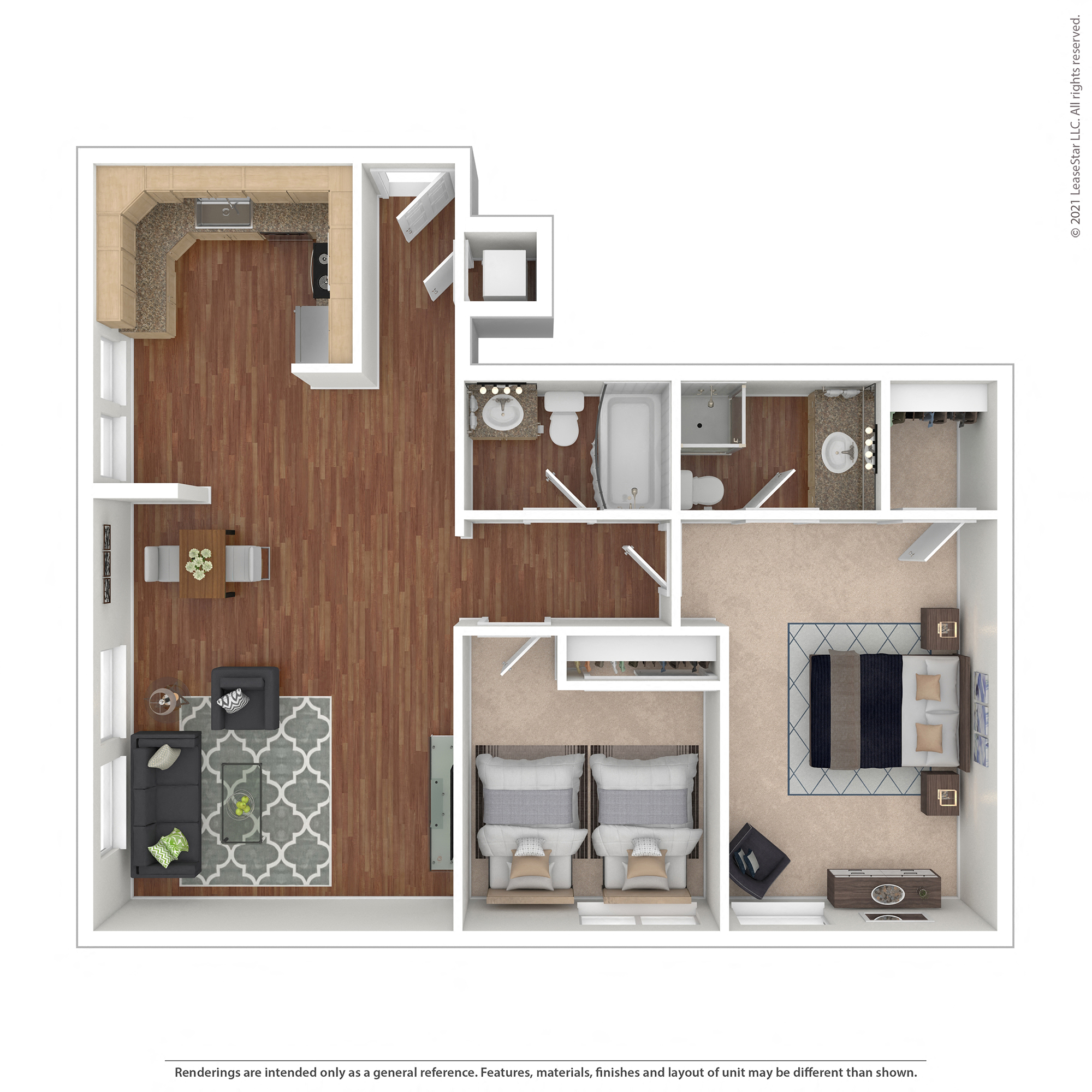 Floor plan for 2 beds, 2 baths, 800 sqft