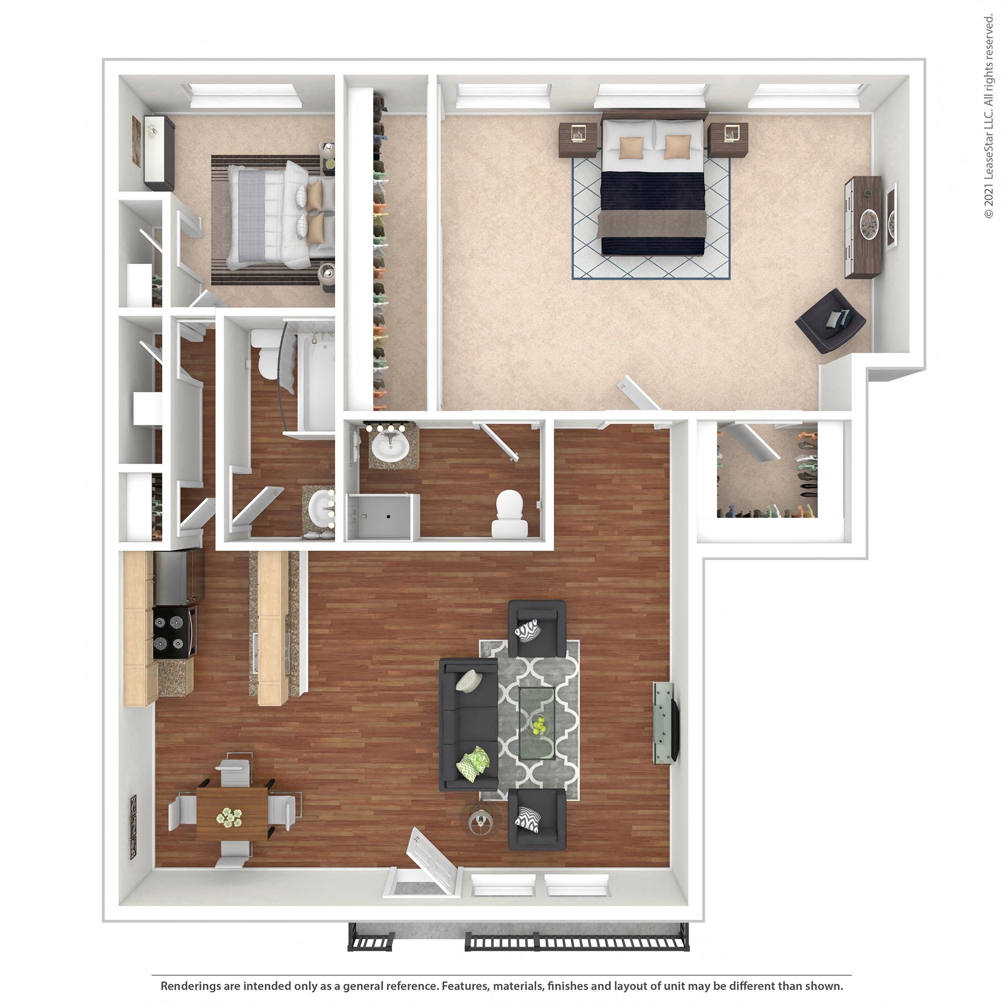 Floor plan for 2 beds, 2 baths, 923 sqft