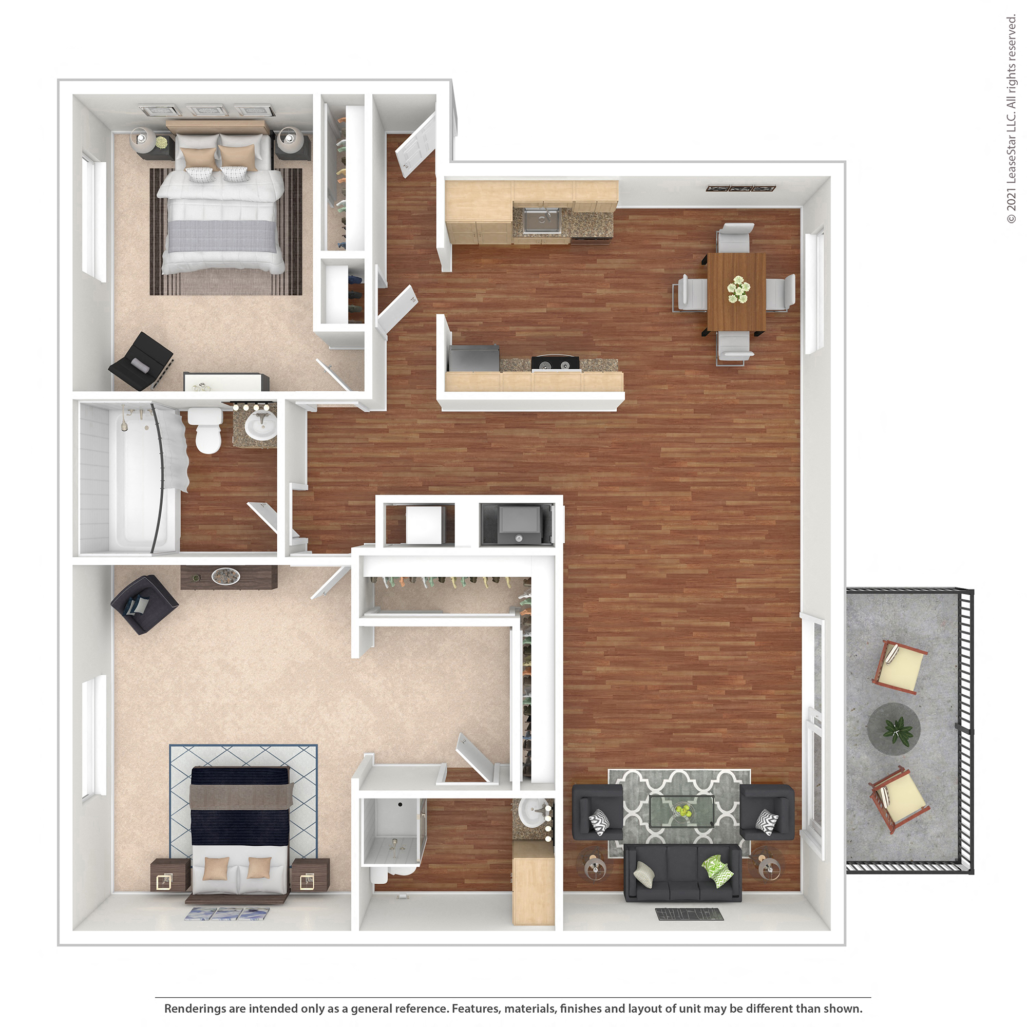 Floor plan for 2 beds, 2 baths, 980 sqft