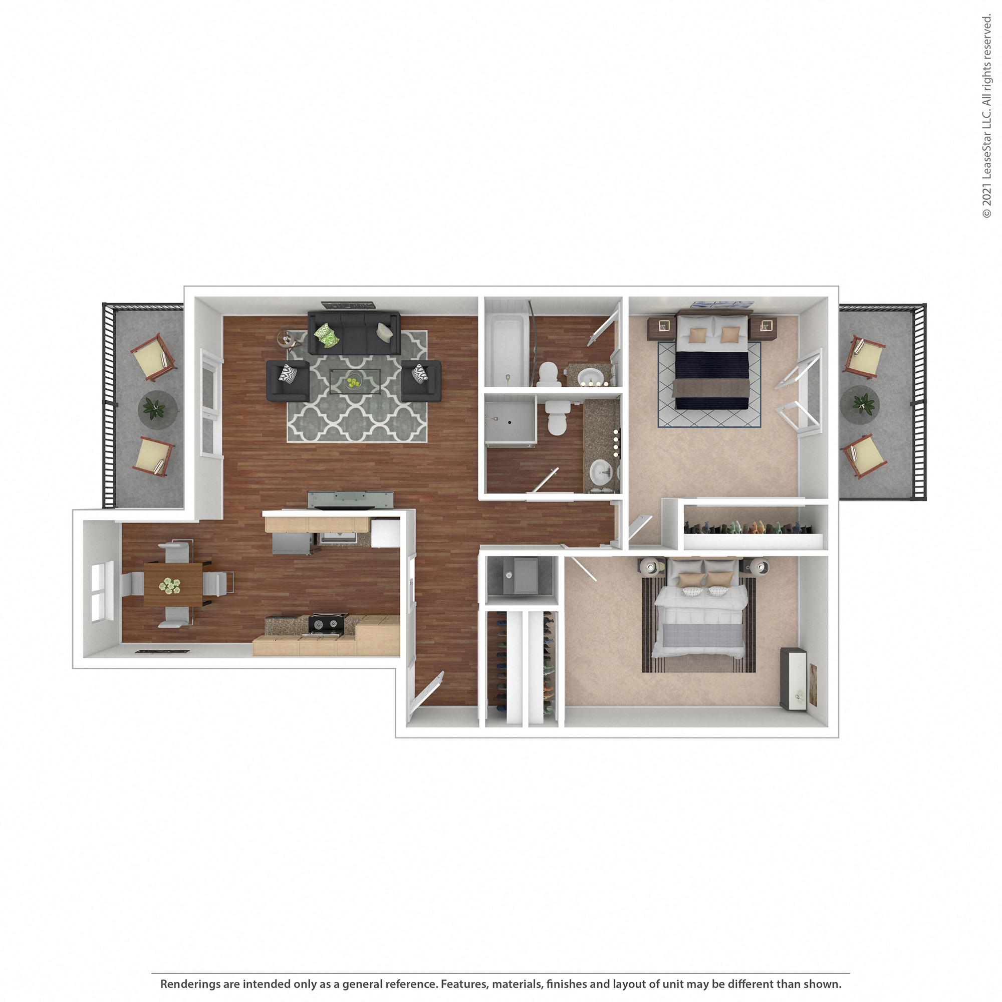 Floor plan for 2 beds, 2 baths, 980 sqft