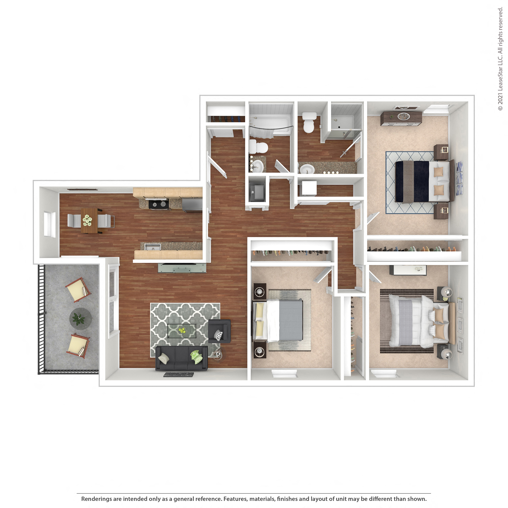 Floor plan for 3 beds, 2 baths, 1224 sqft
