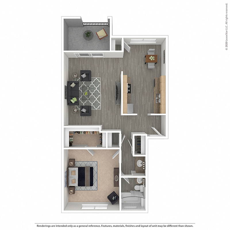 Floor plan for 1 bed, 1 bath, 742 sqft