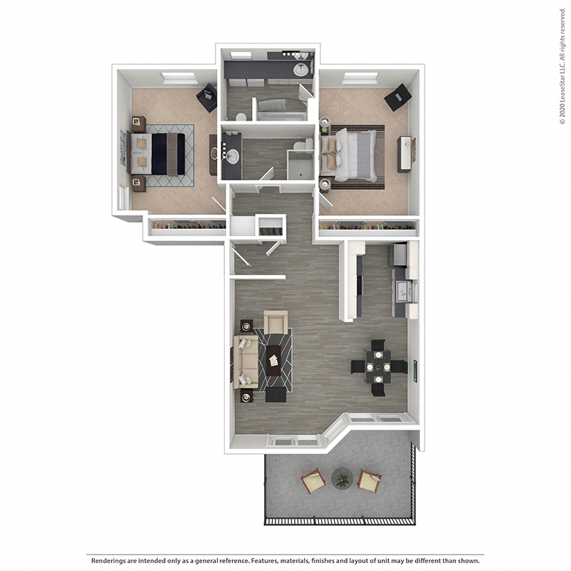 Floor plan for 2 beds, 2 baths, 1073 sqft