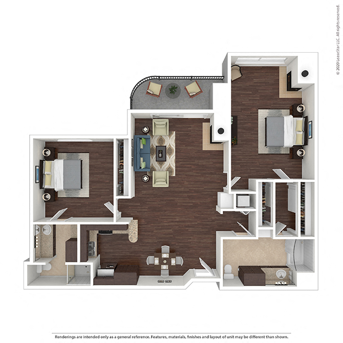 Floor plan for 2 beds, 2 baths, 1307 sqft