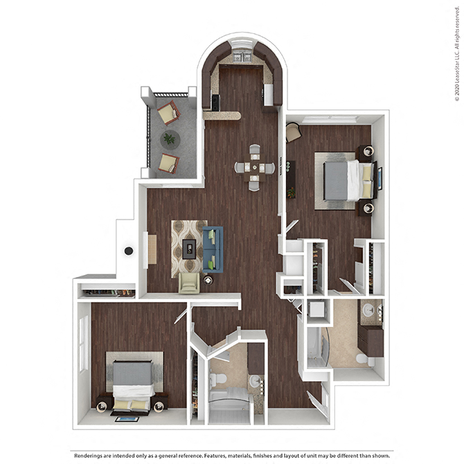 Floor plan for 2 beds, 2 baths, 1272 sqft