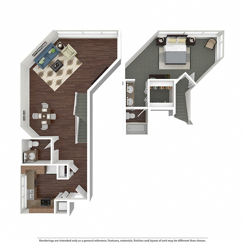 Floor plan for 1 bed, 1.5 baths, 1078 sqft