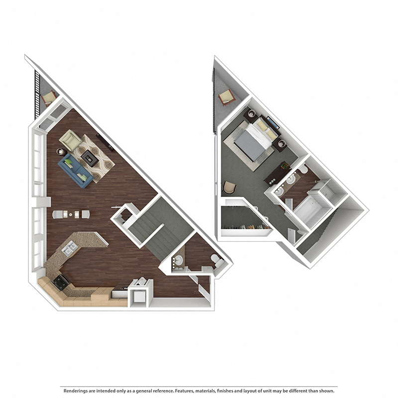 Floor plan for 1 bed, 1.5 baths, 1061 sqft