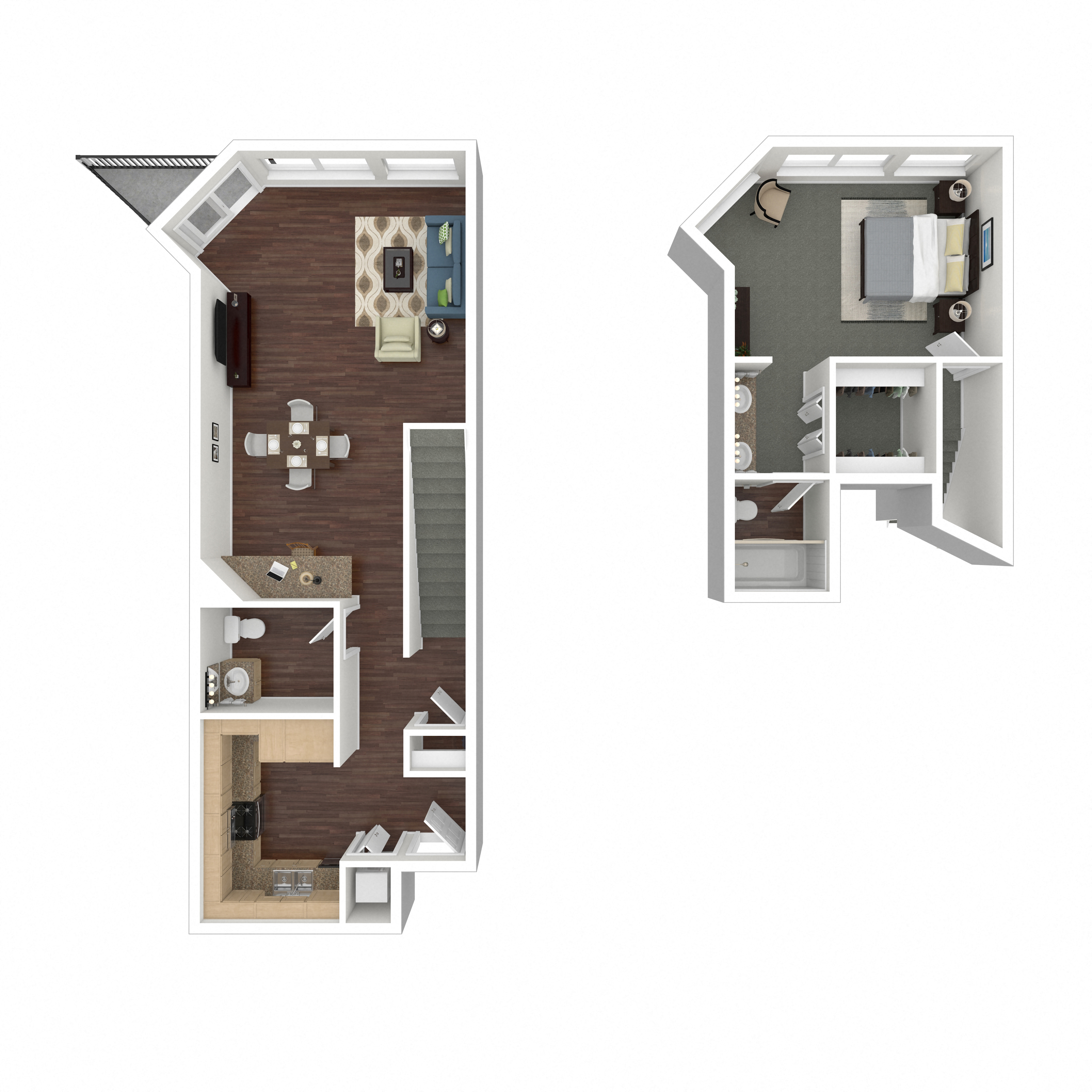 Floor plan for 1 bed, 1.5 baths, 995 sqft