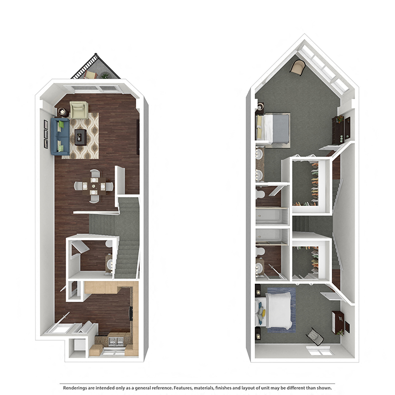 Floor plan for 2 beds, 2.5 baths, 1273 sqft