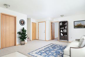 Eden Prairie townhouse for rent - A living room with a couch, a rug, and a bookshelf.