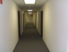 Young America townhouse for rent - a long hallway with doors and walls and a carpeted floor