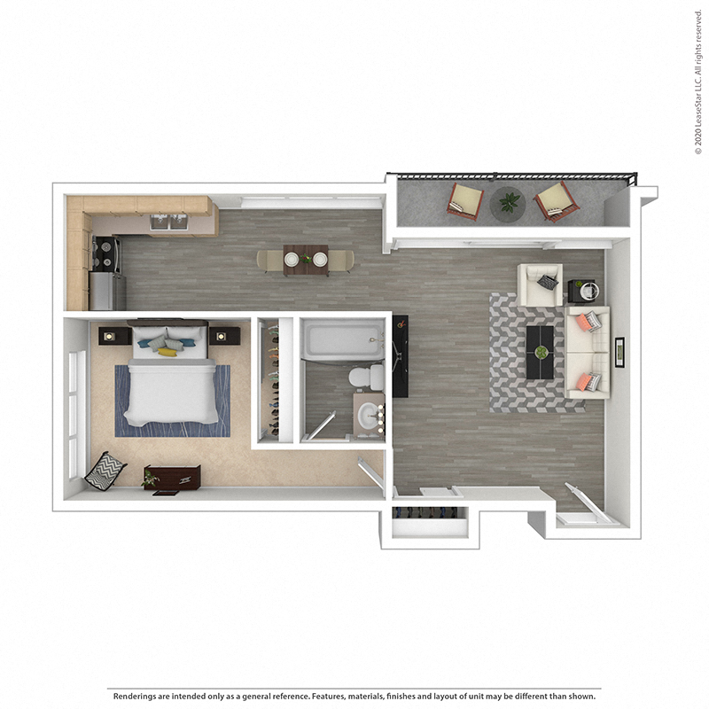 Floor plan for 1 bed, 1 bath, 574 sqft