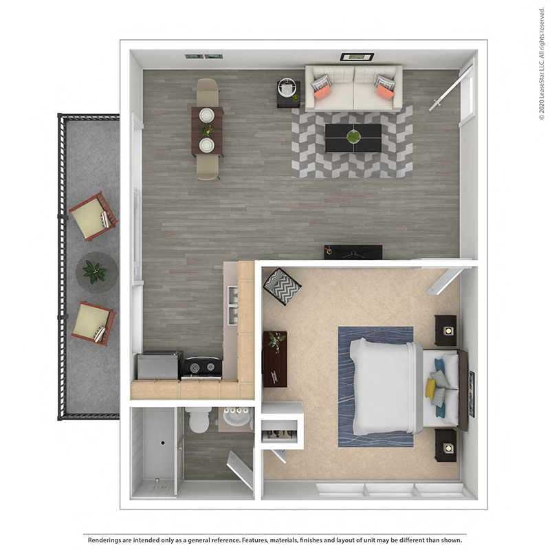 Floor plan for 1 bed, 1 bath, 597 sqft