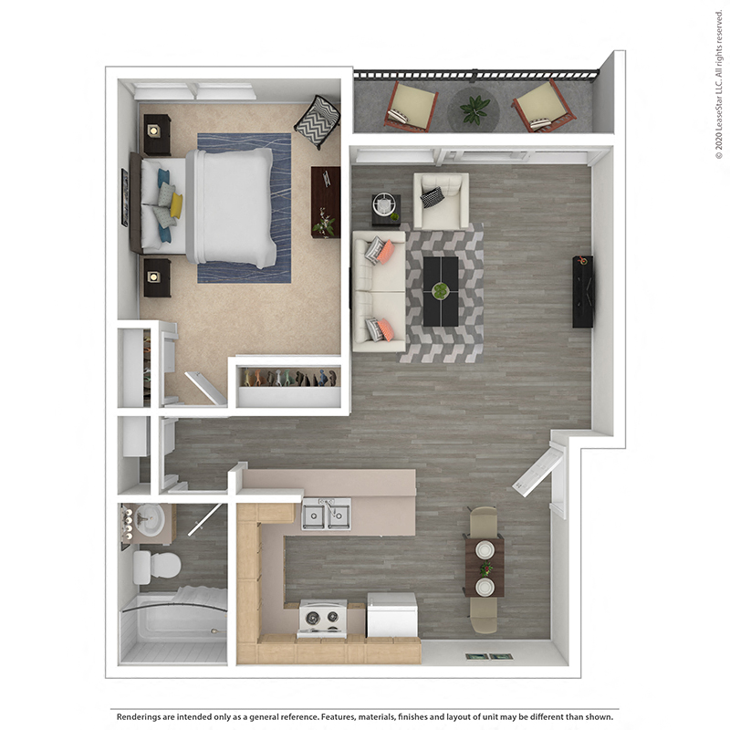 Floor plan for 1 bed, 1 bath, 656 sqft