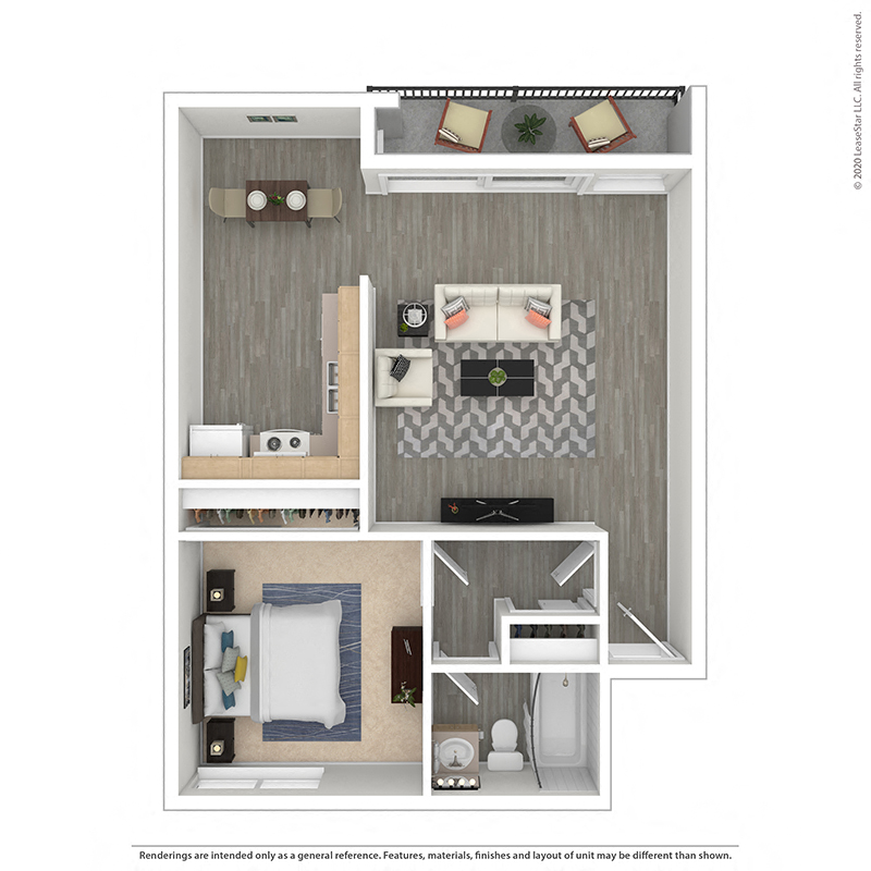 Floor plan for 1 bed, 1 bath, 640 sqft