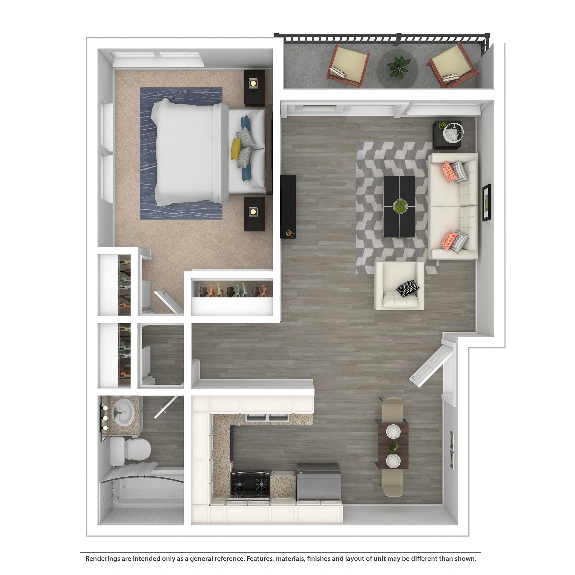 Floor plan for 1 bed, 1 bath, 628 sqft