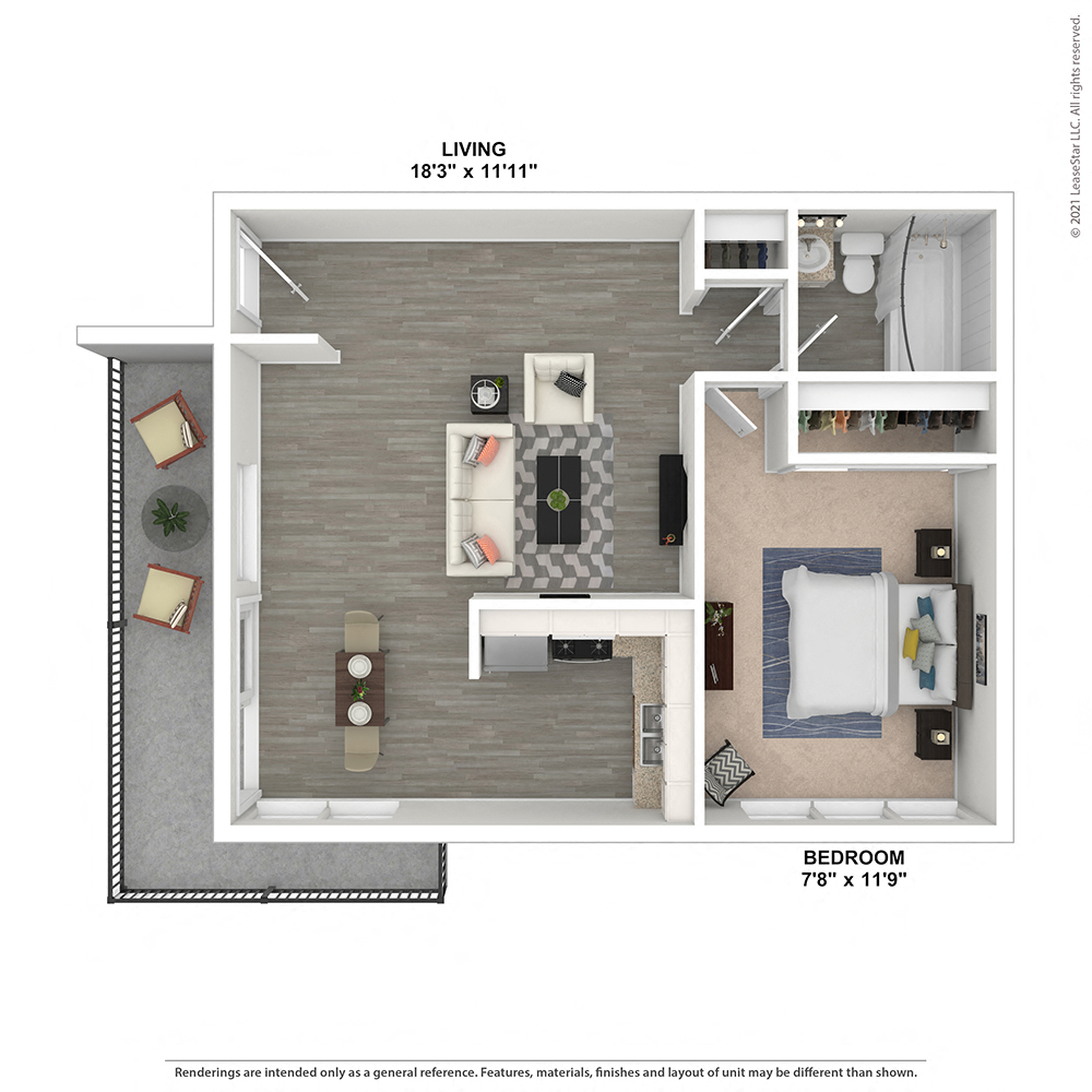 Floor plan for 1 bed, 1 bath, 590 sqft