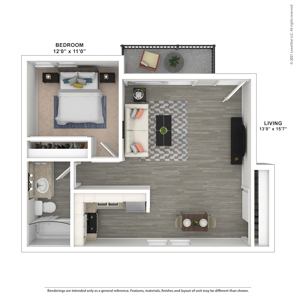 Floor plan for 1 bed, 1 bath, 608 sqft