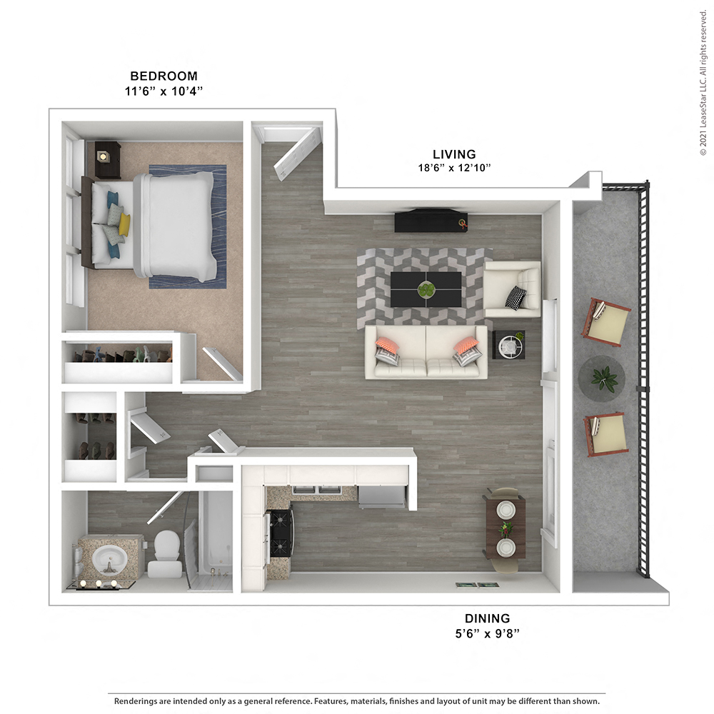 Floor plan for 1 bed, 1 bath, 658 sqft