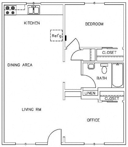 Floor plan for 1 bed, 1 bath, 673 sqft