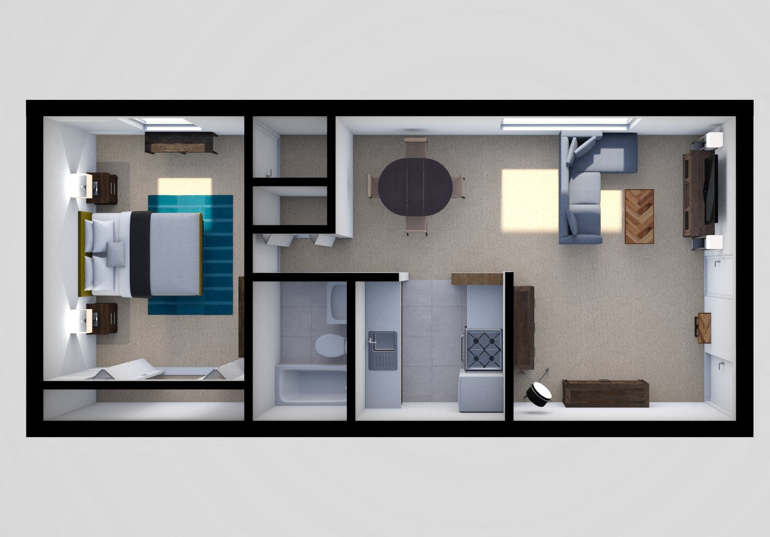 Floor plan for 1 bed, 1 bath, 613 sqft