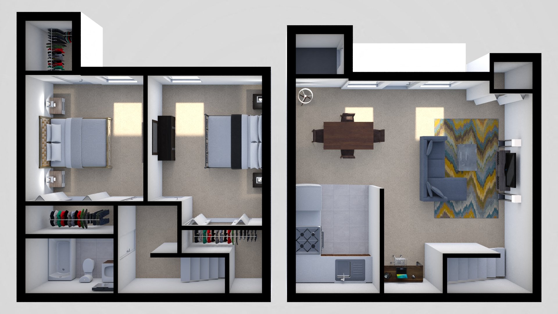 Floor plan for 2 beds, 1 bath, 833 sqft