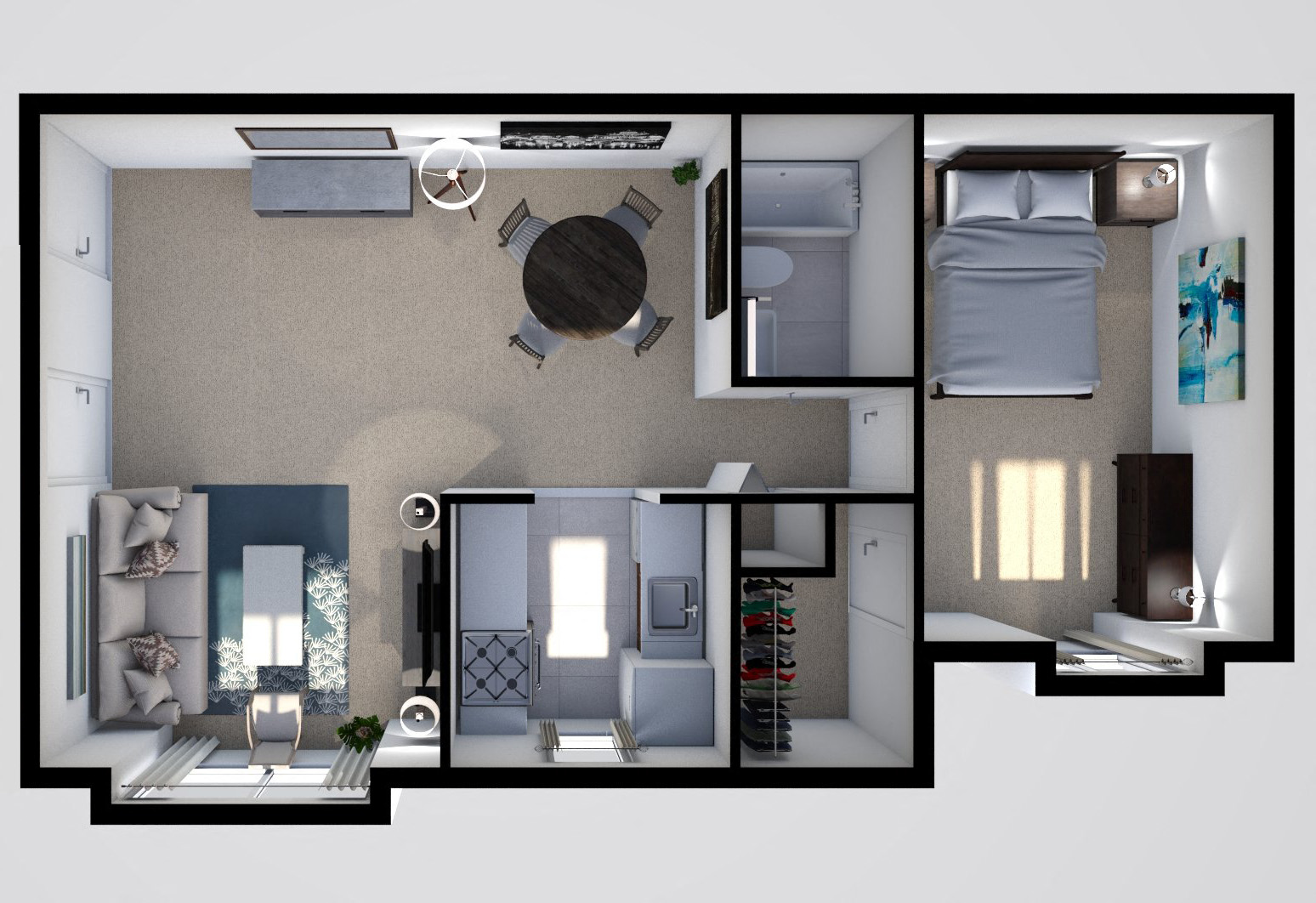Floor plan for 1 bed, 1 bath, 641 sqft