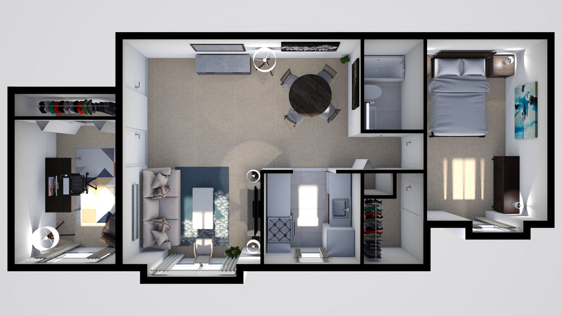 Floor plan for 1 bed, 1 bath, 766 sqft