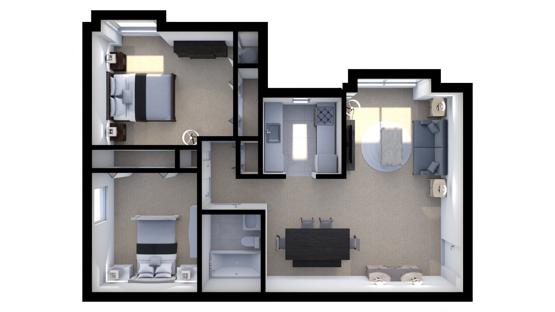 Floor plan for 2 beds, 1 bath, 799 sqft