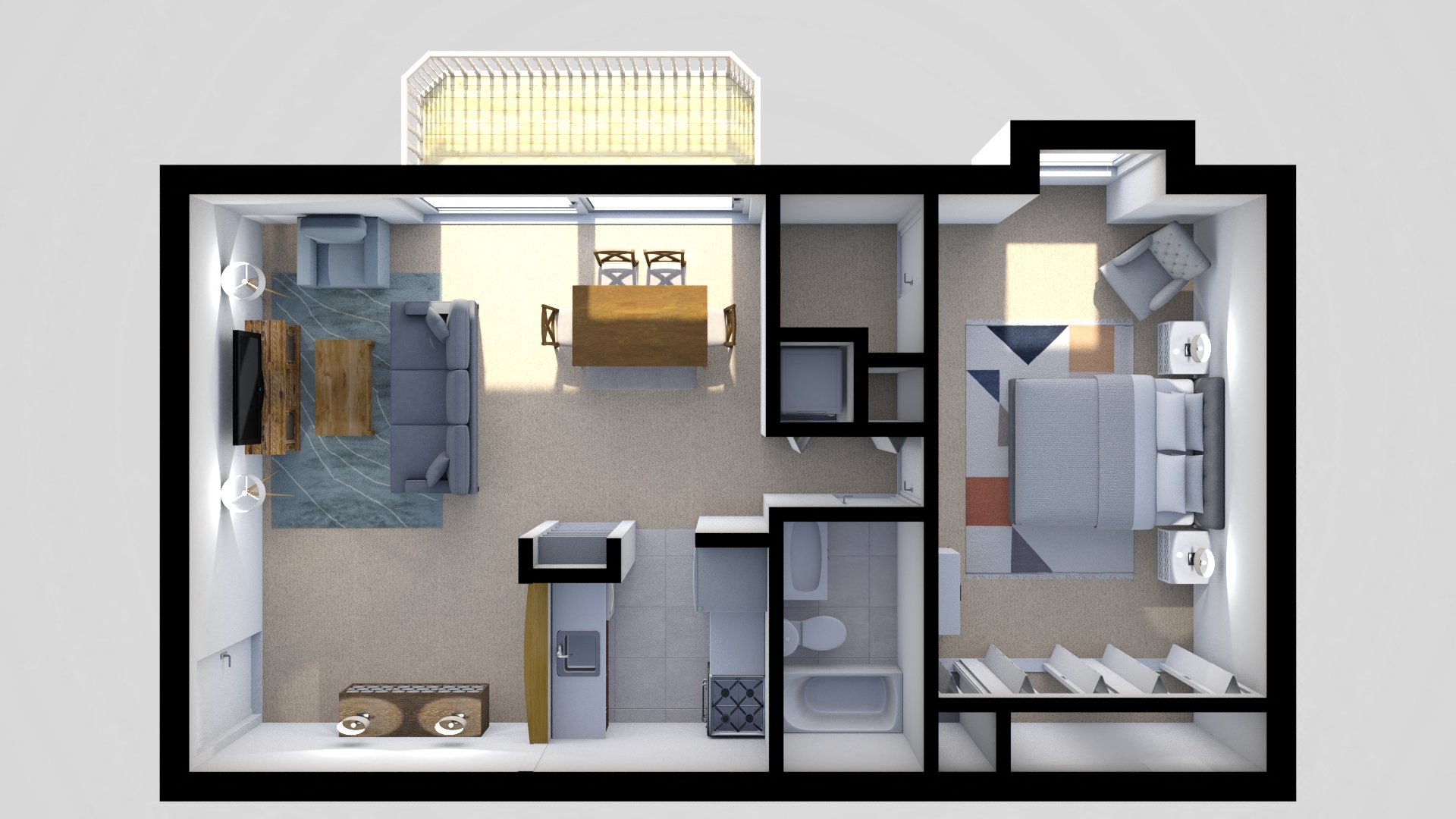 Floor plan for 1 bed, 1 bath, 726 sqft