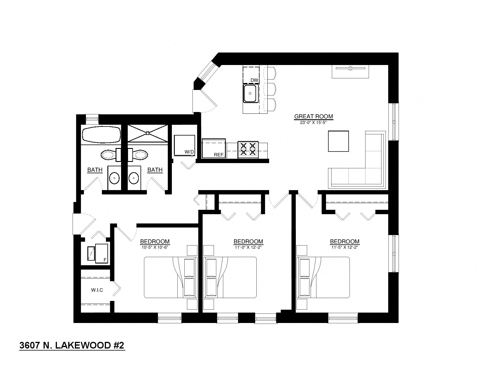 Floor plan for 3 beds, 2 baths, 1185 sqft