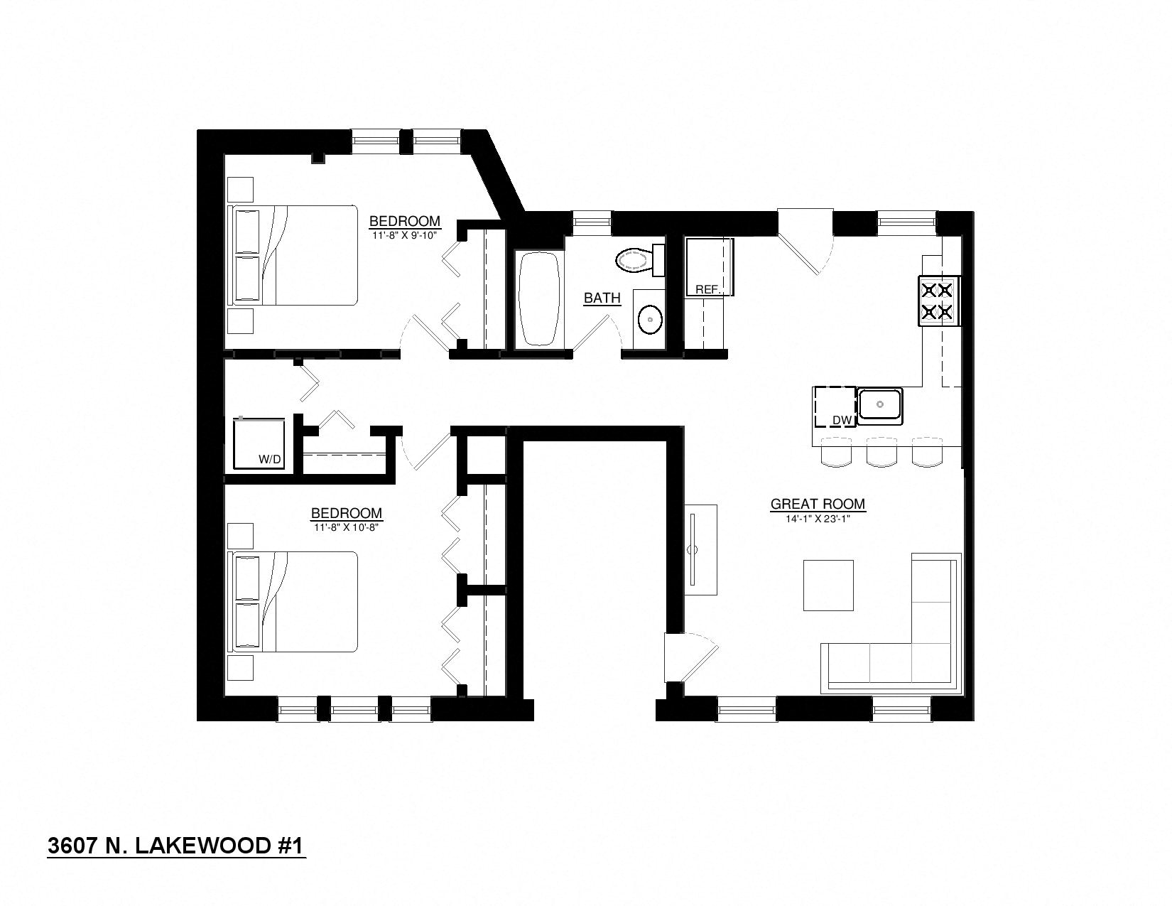 Floor plan for 2 beds, 1 bath, 918 sqft