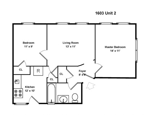Floor plan for 2 beds, 1 bath