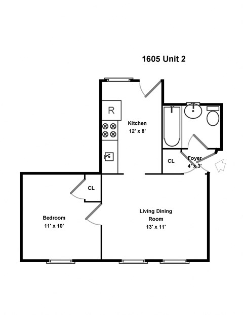 Floor plan for 1 bed, 1 bath, 390 sqft