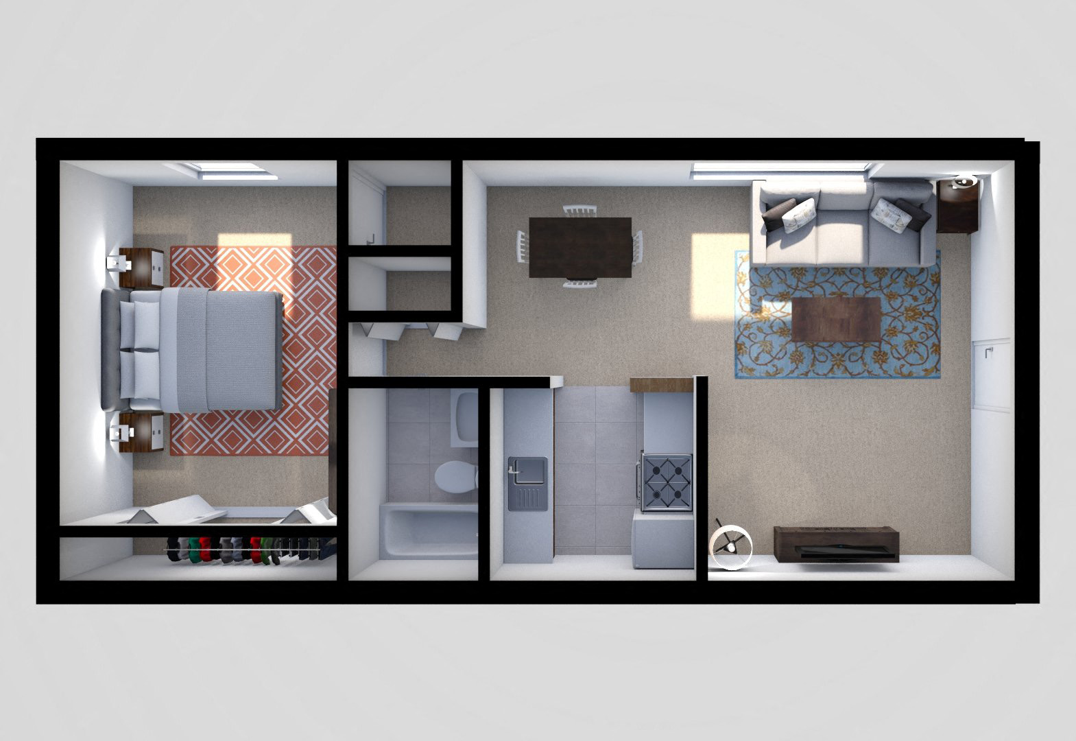 Floor plan for 1 bed, 1 bath, 613 sqft