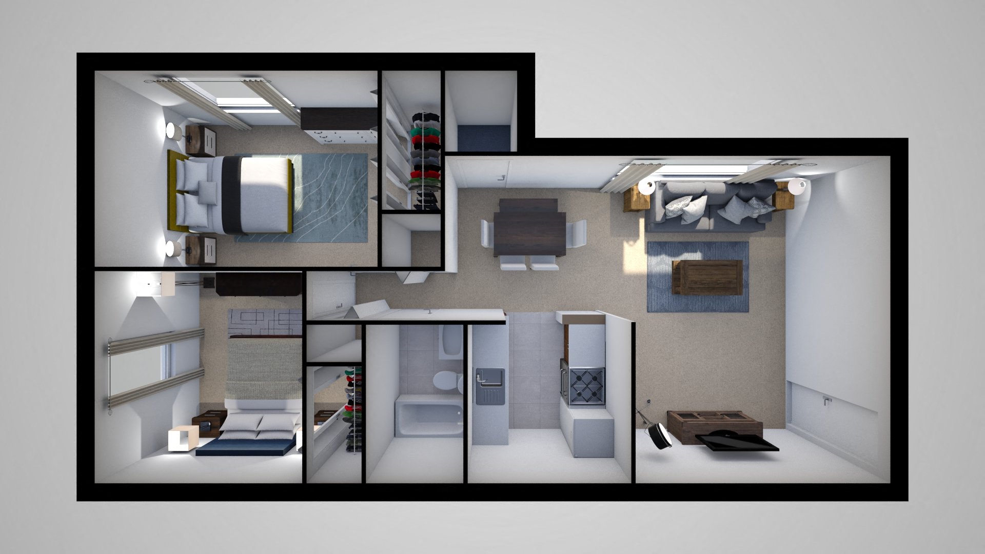 Floor plan for 2 beds, 1 bath, 742 sqft