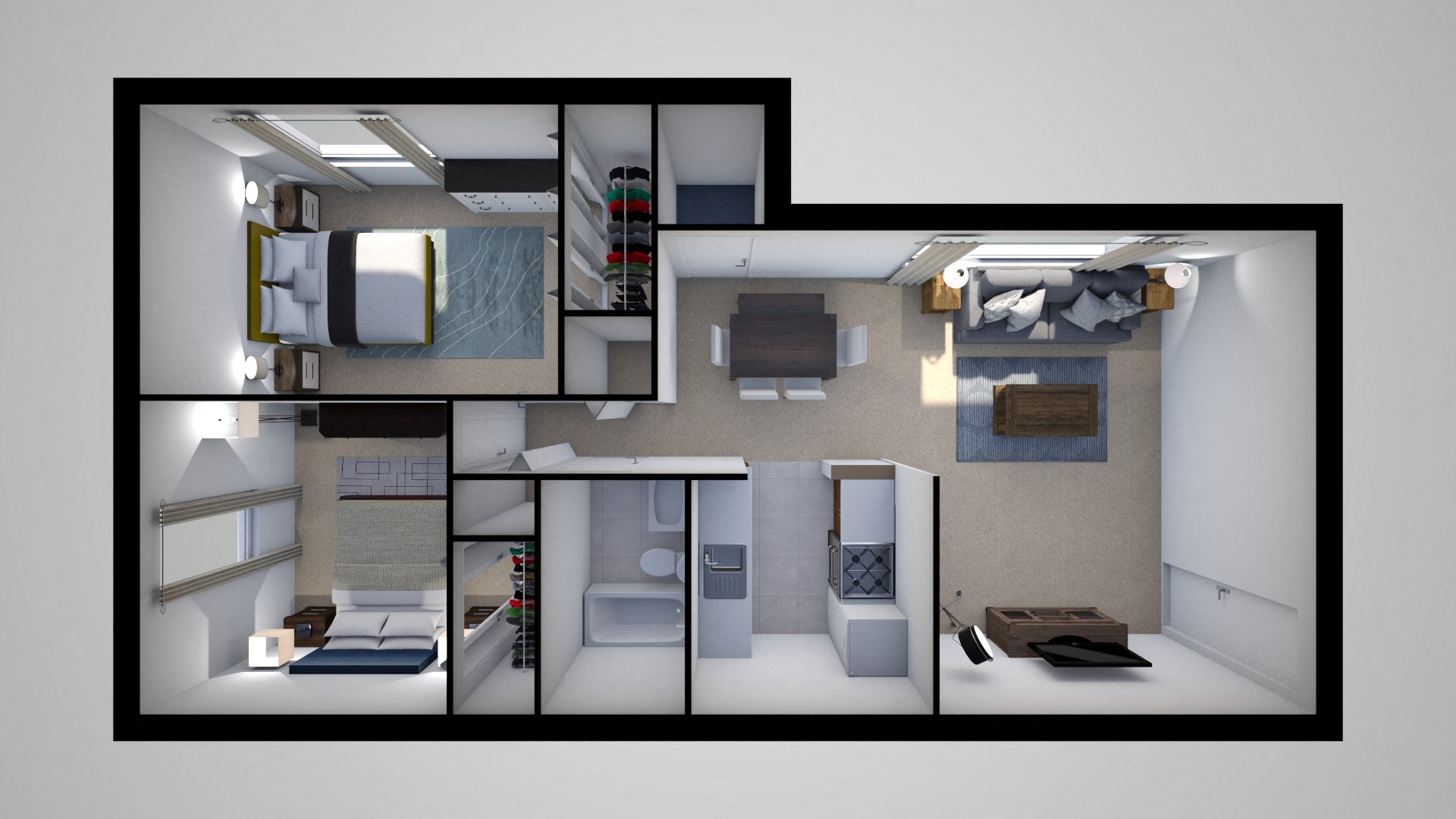 Floor plan for 2 beds, 1 bath, 742 sqft