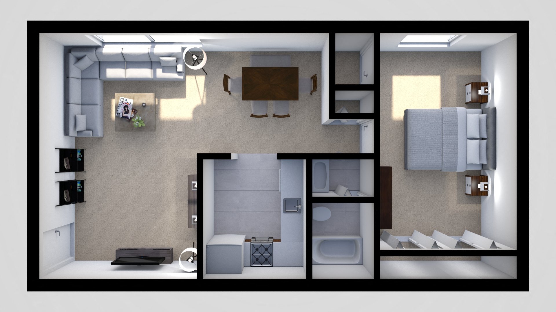 Floor plan for 1 bed, 1 bath, 741 sqft