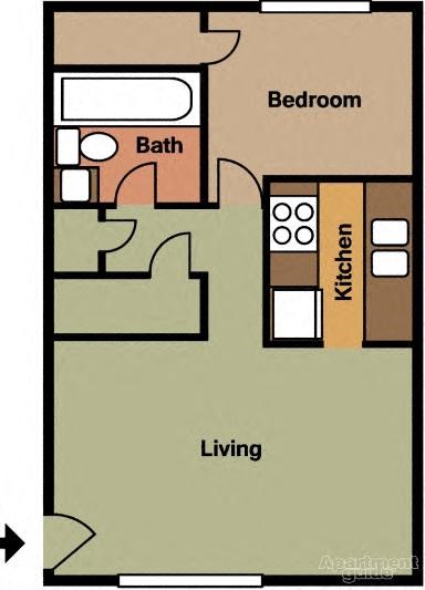 Floor plan for 1 bed, 1 bath, 650 sqft