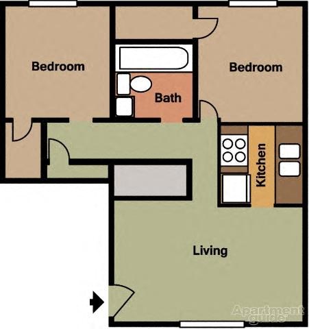Floor plan for 2 beds, 1 bath, 715 sqft